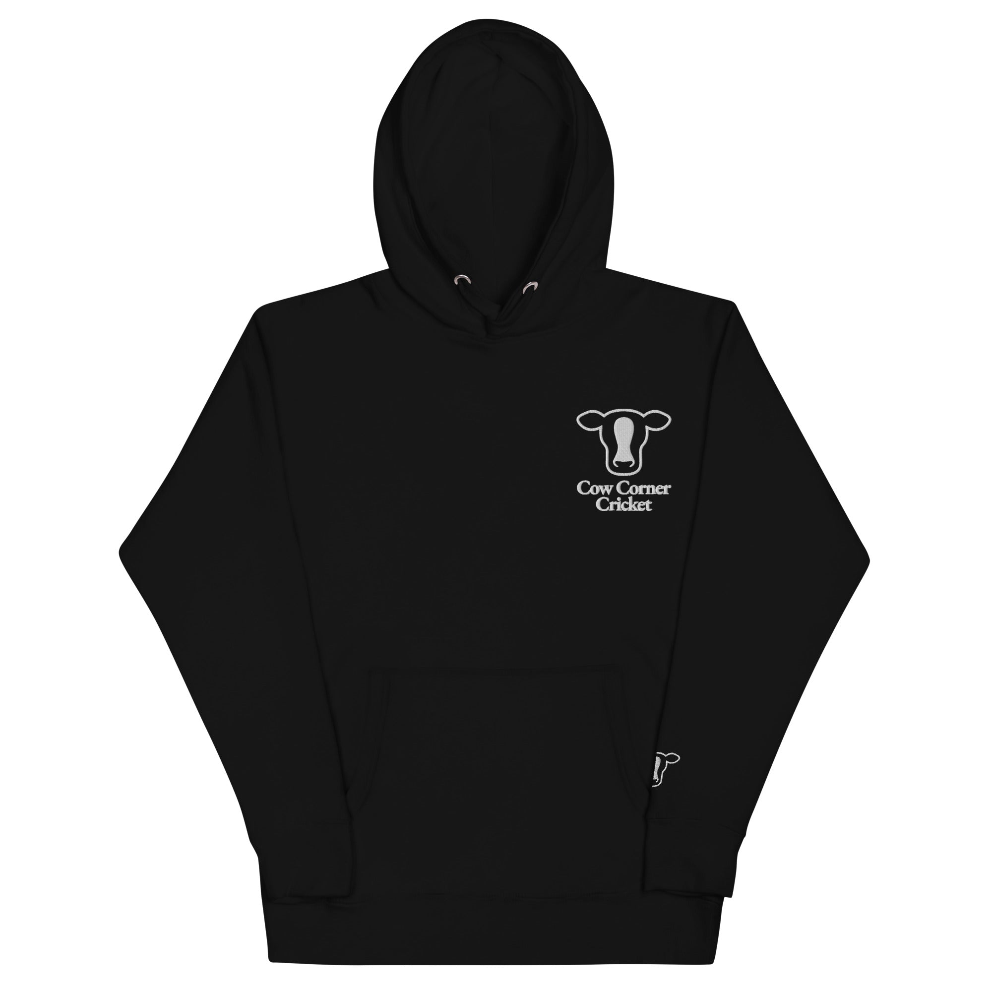 Black hoodie with a logo on the chest against a white background