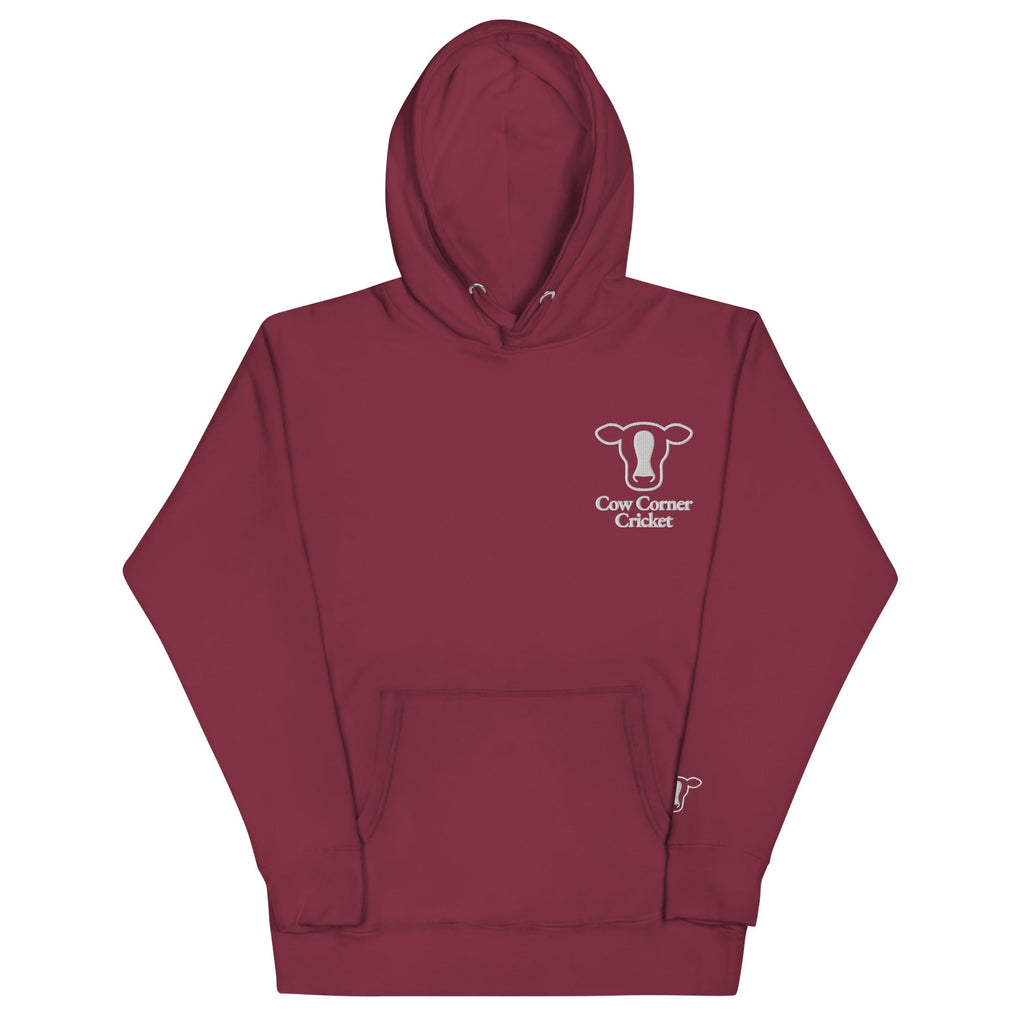 Maroon hoodie with a logo on the chest against a white background