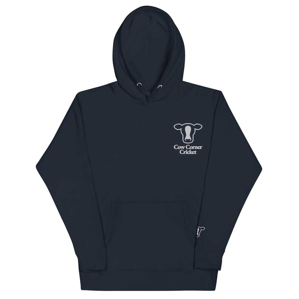Dark gray hoodie with a logo on the chest against a white background