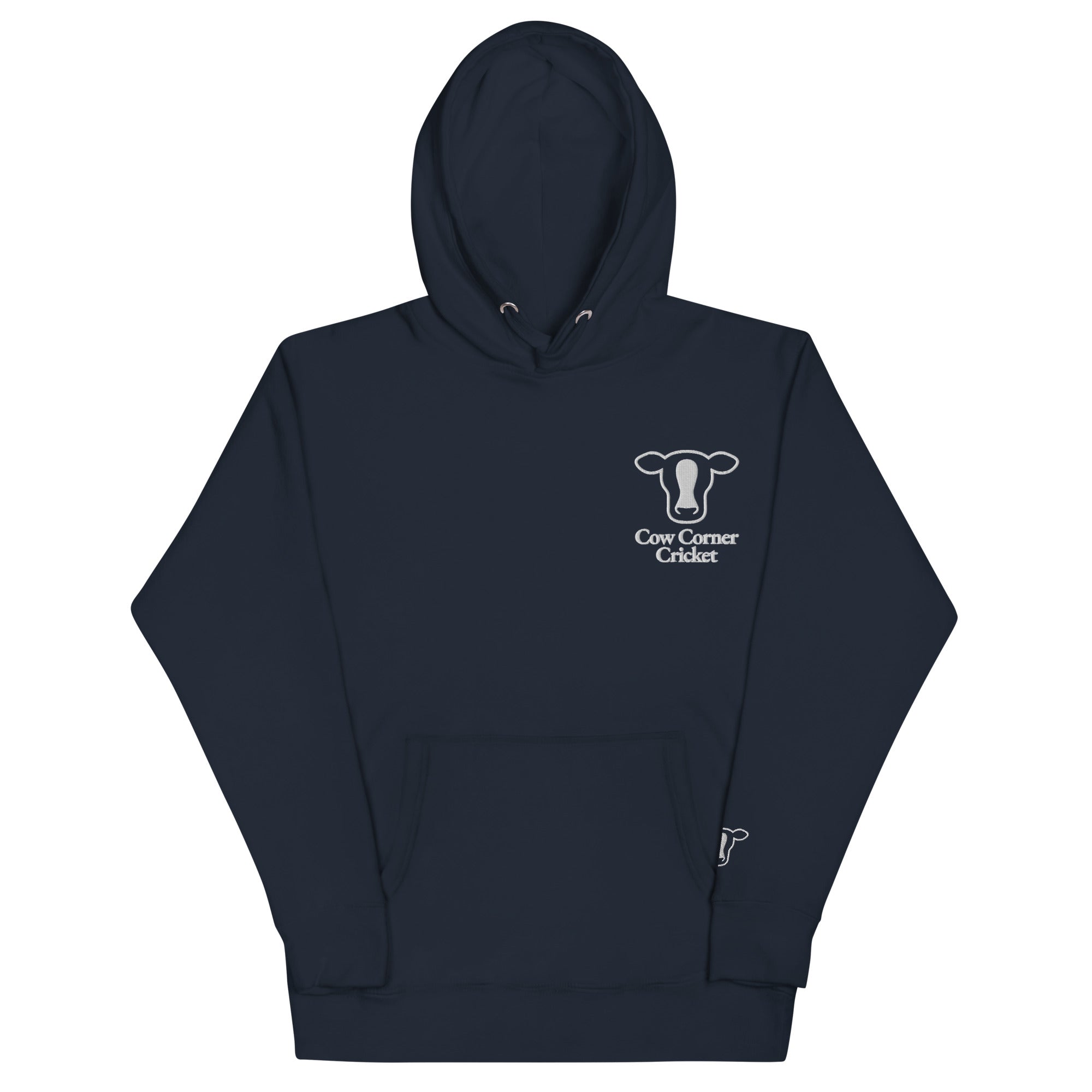 Dark gray hoodie with a logo on the chest against a white background