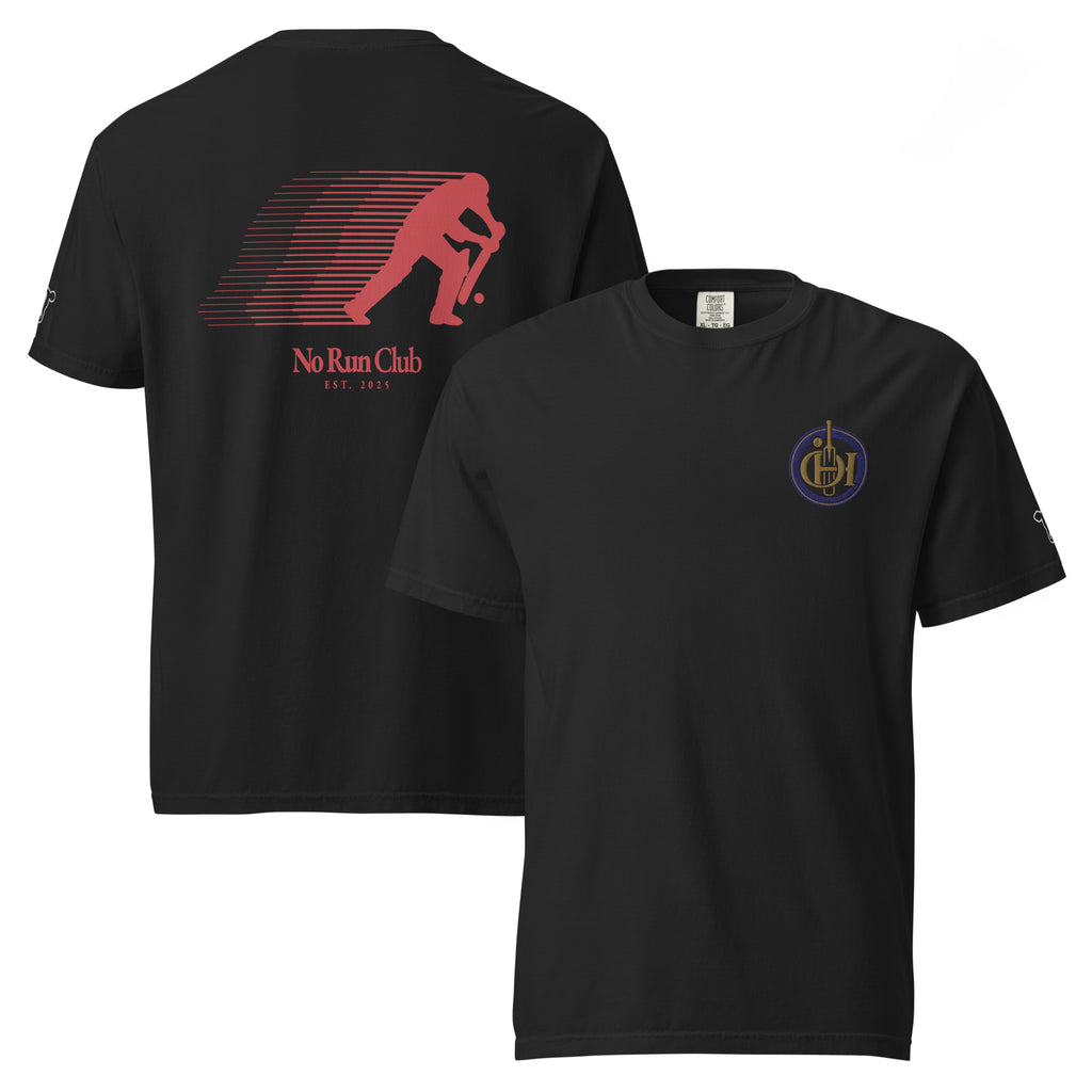 Black t-shirt with red and yellow text and design on the back.