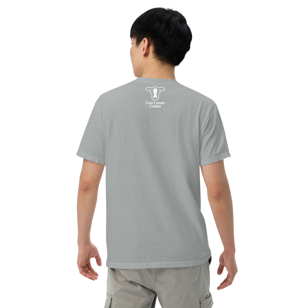 Person wearing a gray t-shirt on a white background