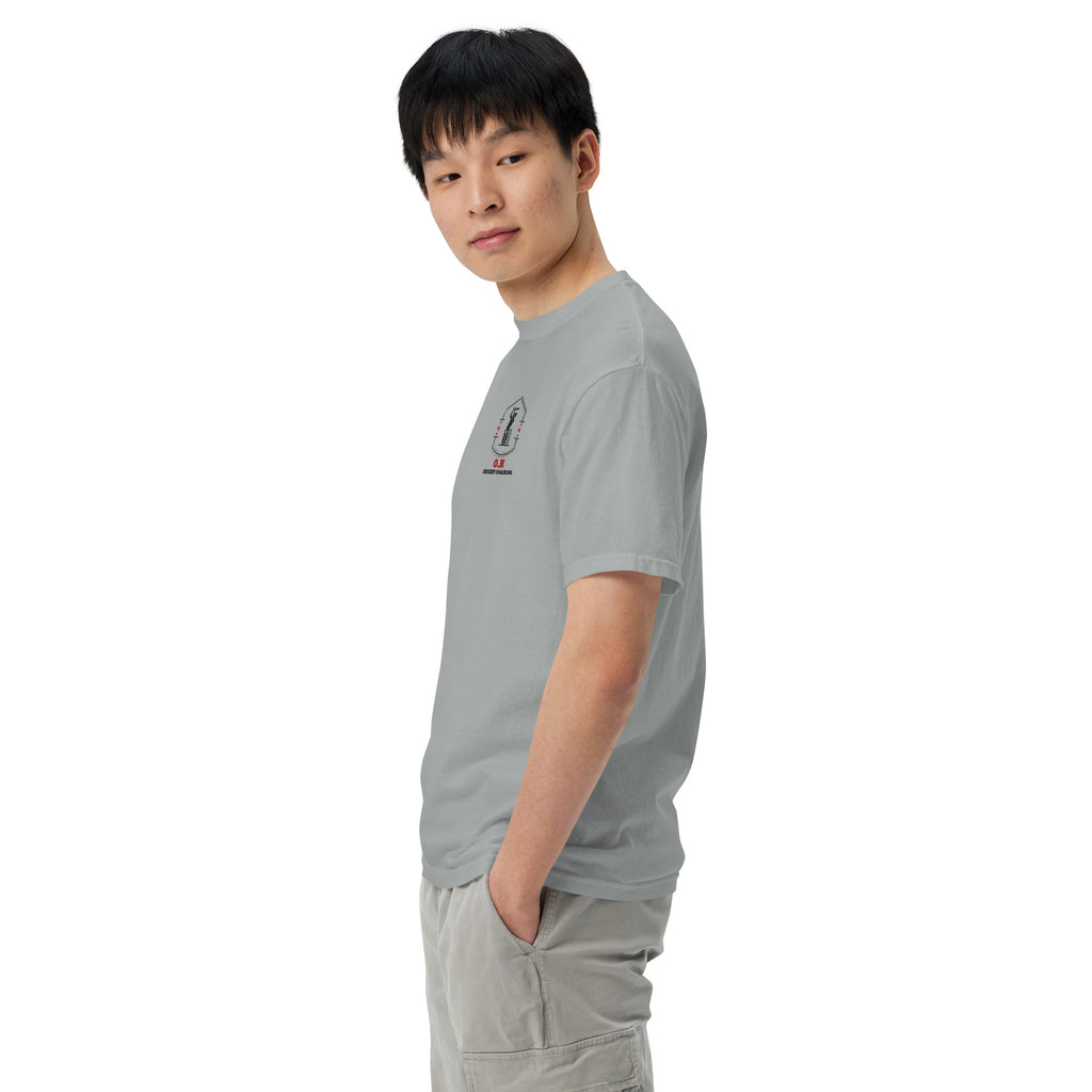 Person wearing a gray t-shirt with a brand logo on a white background