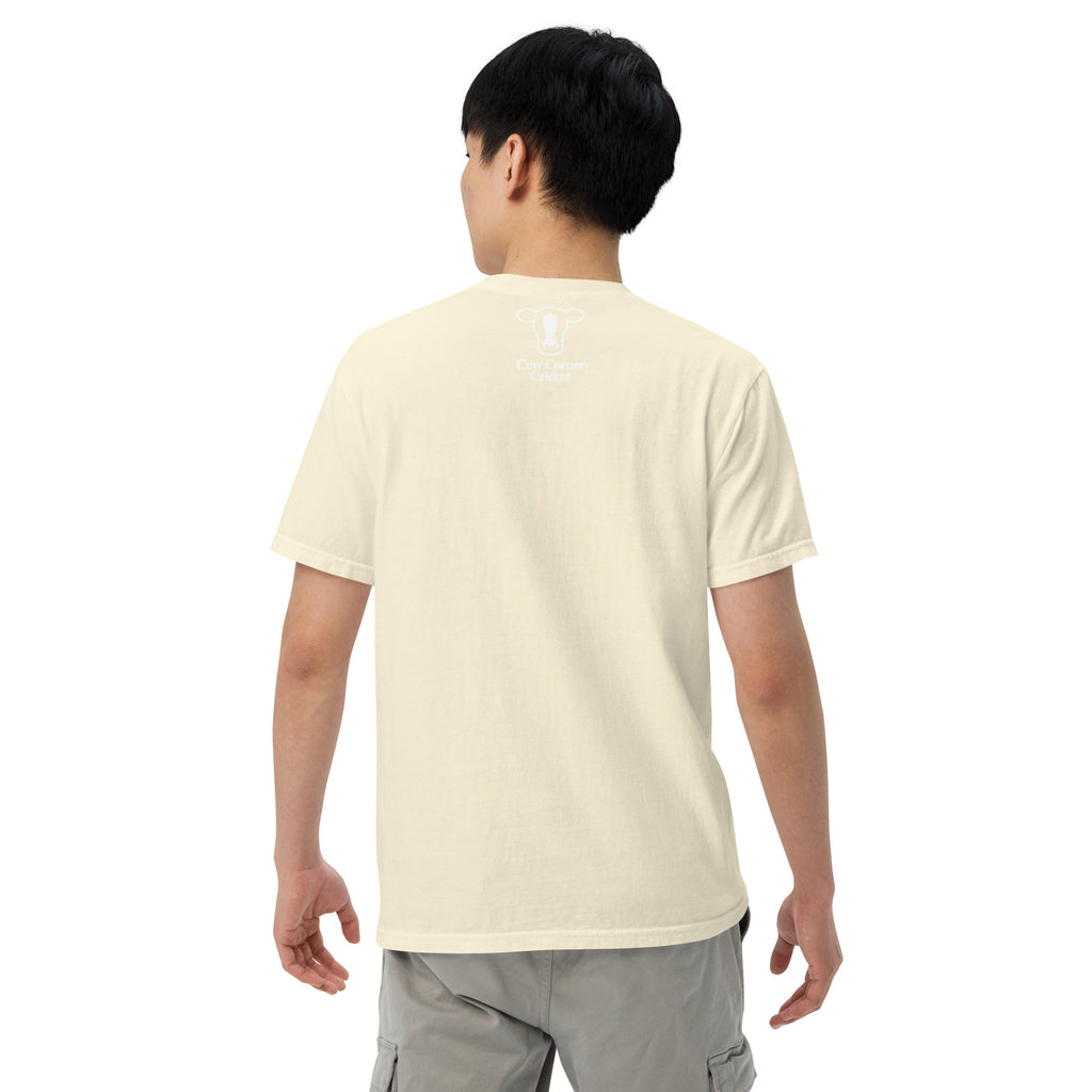 Person wearing a beige t-shirt on a white background