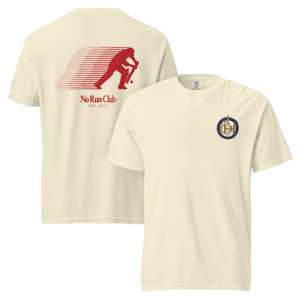 Two views of a cream-colored short-sleeve t-shirt. 