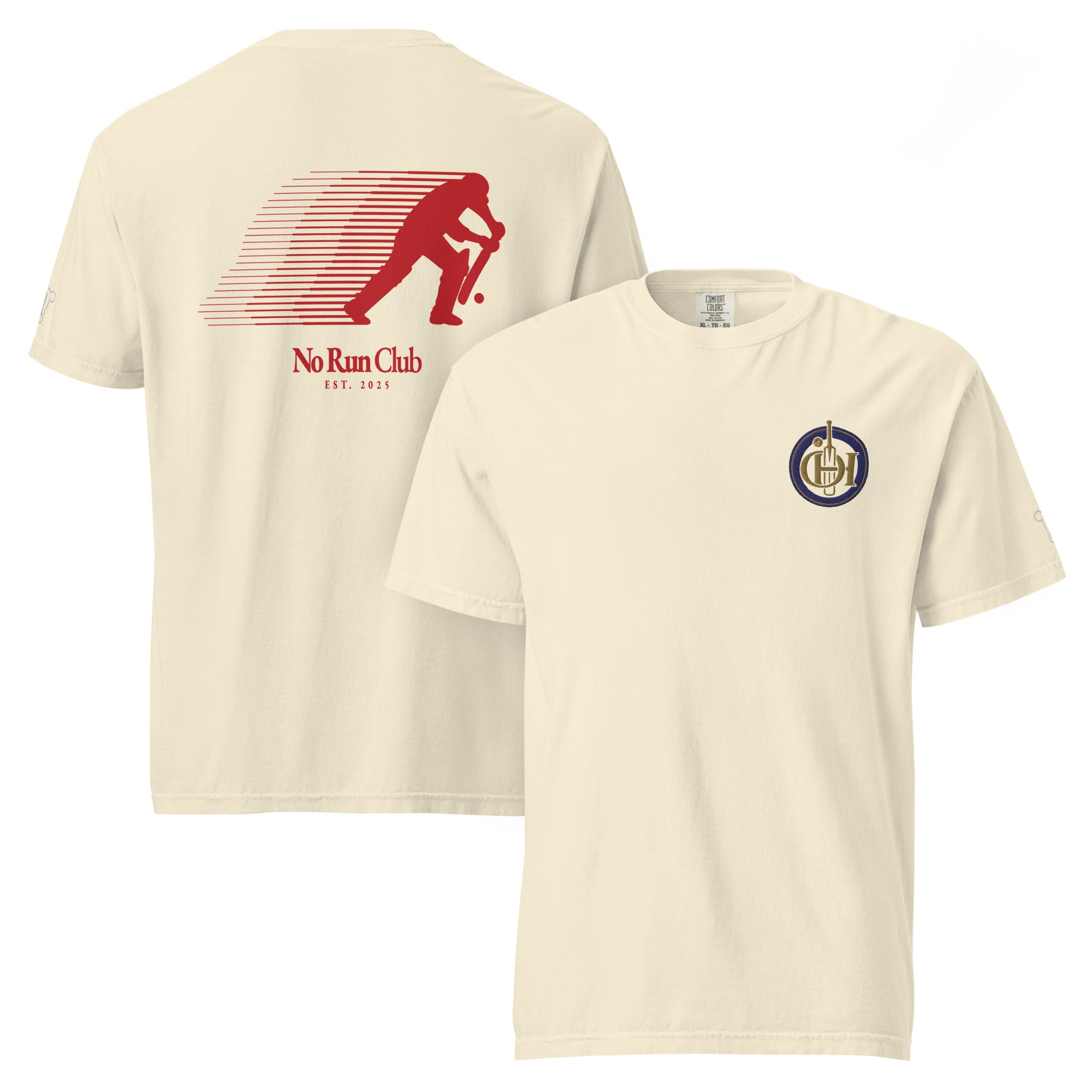 Two views of a cream-colored short-sleeve t-shirt. 
