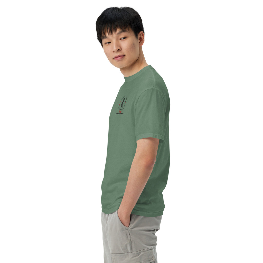 Person wearing a green t-shirt with text on a white background