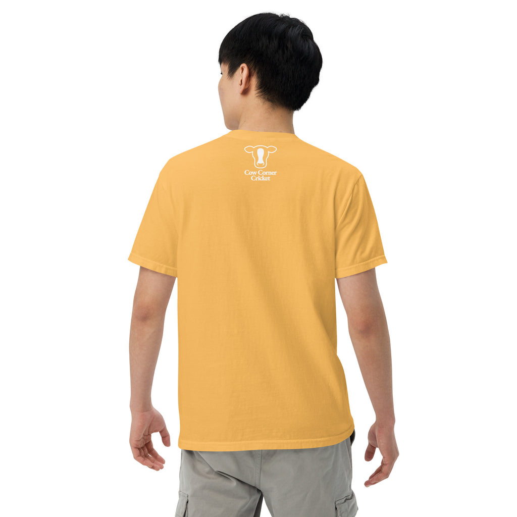 Person wearing a yellow t-shirt with a logo on the back against a white background
