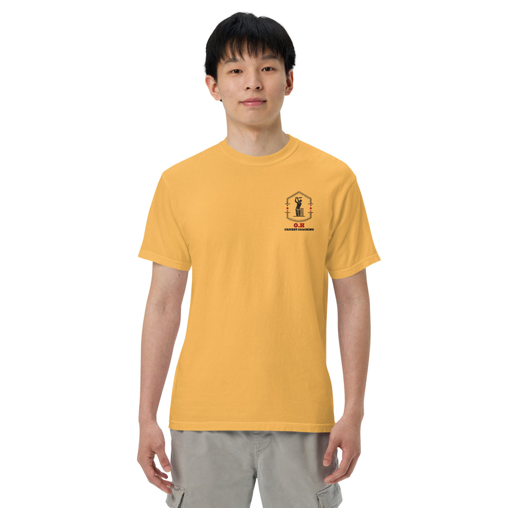 Person wearing a yellow t-shirt with a logo on a white background