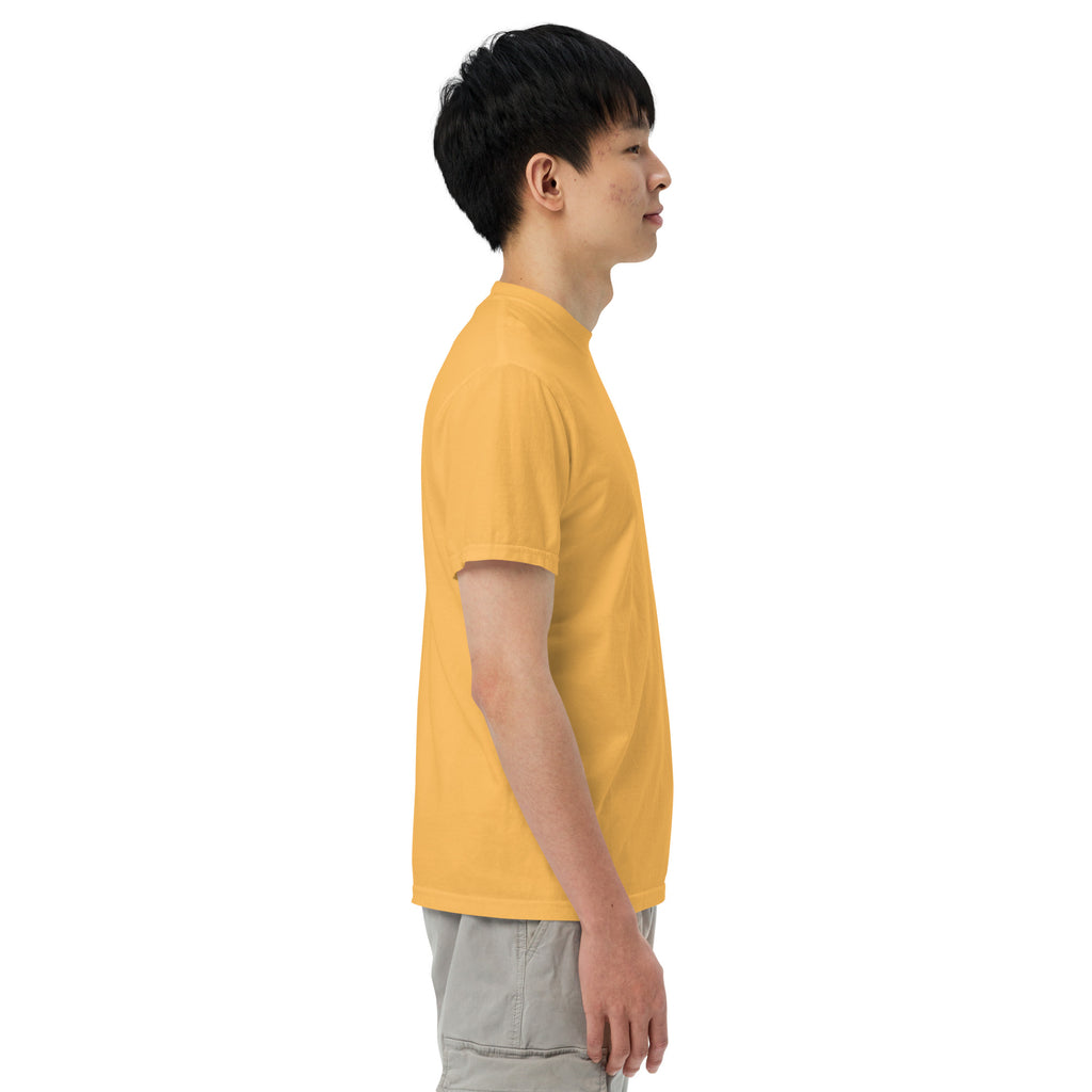 Person wearing a yellow t-shirt on a white background