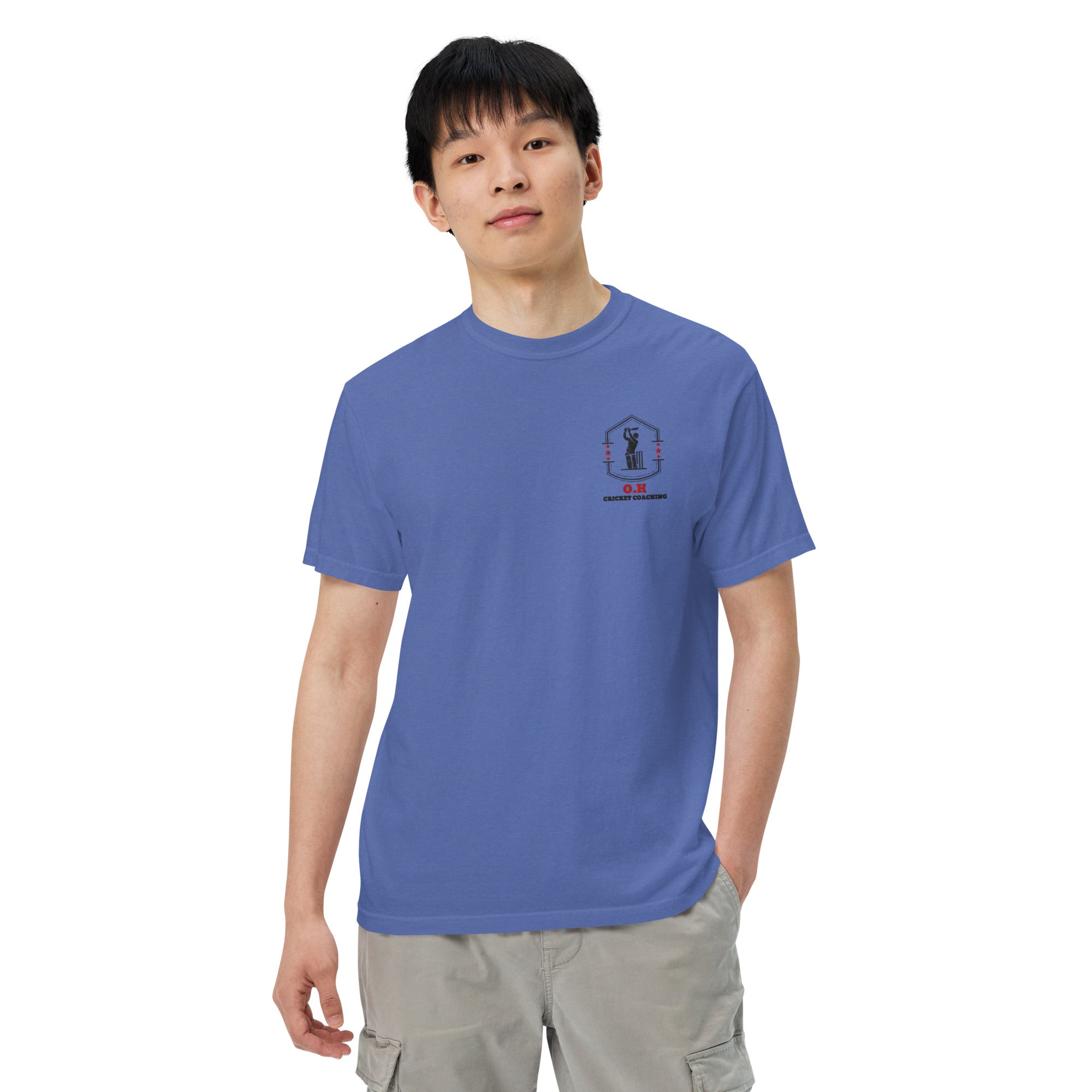 Person wearing a blue t-shirt with text on a white background