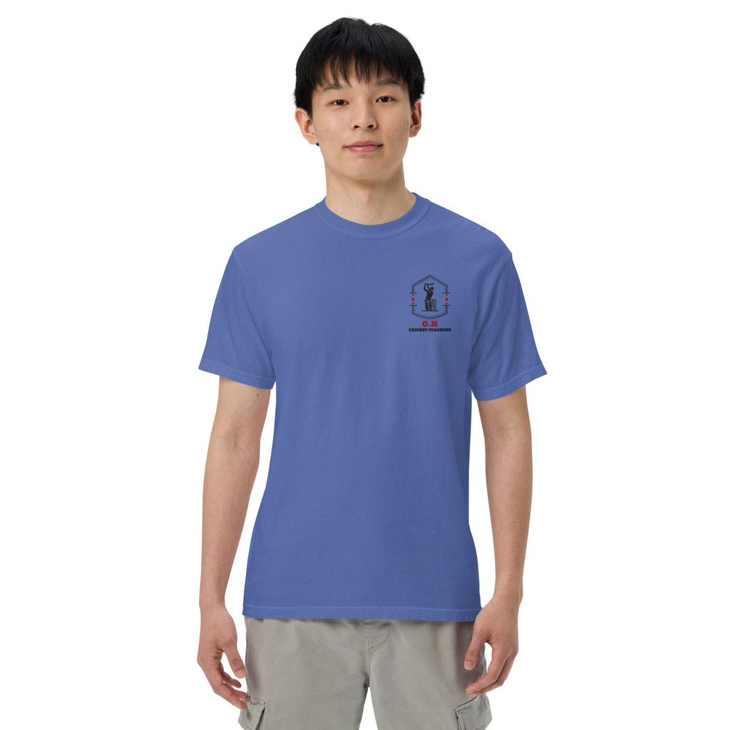 Person wearing a blue t-shirt with text on a white background