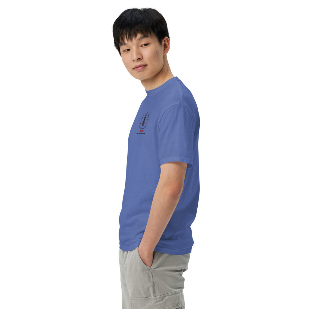 Person wearing a blue t-shirt on a white background