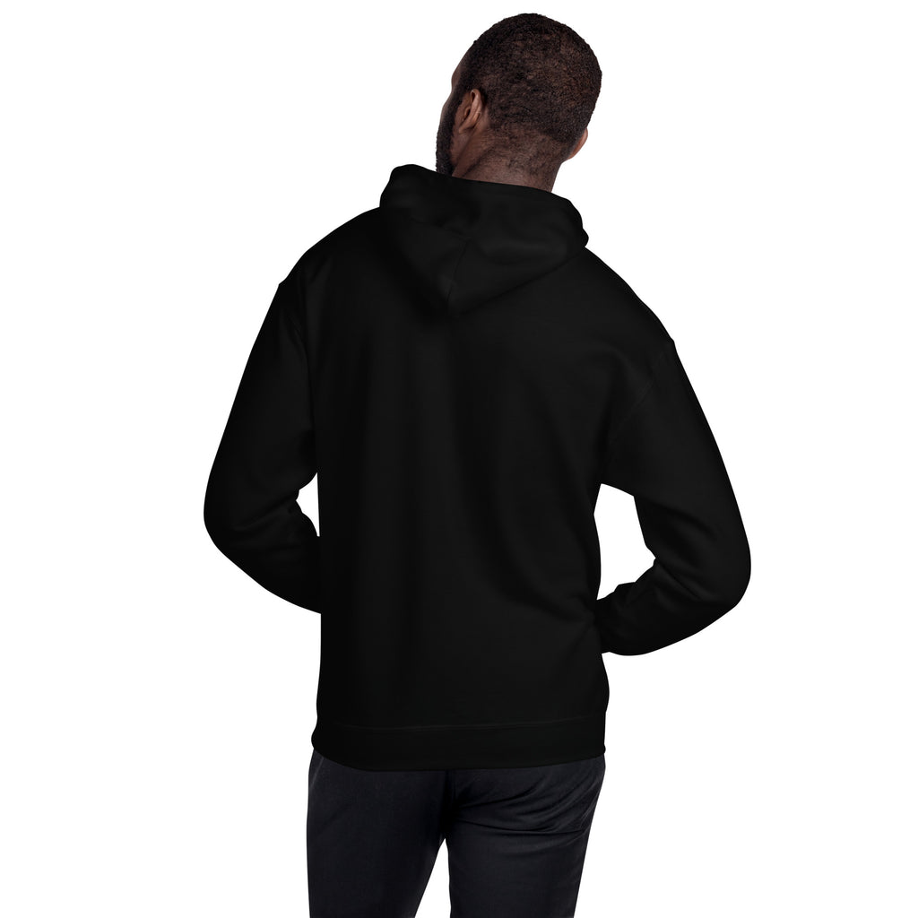 Person wearing a black hoodie with text on the back against a white background