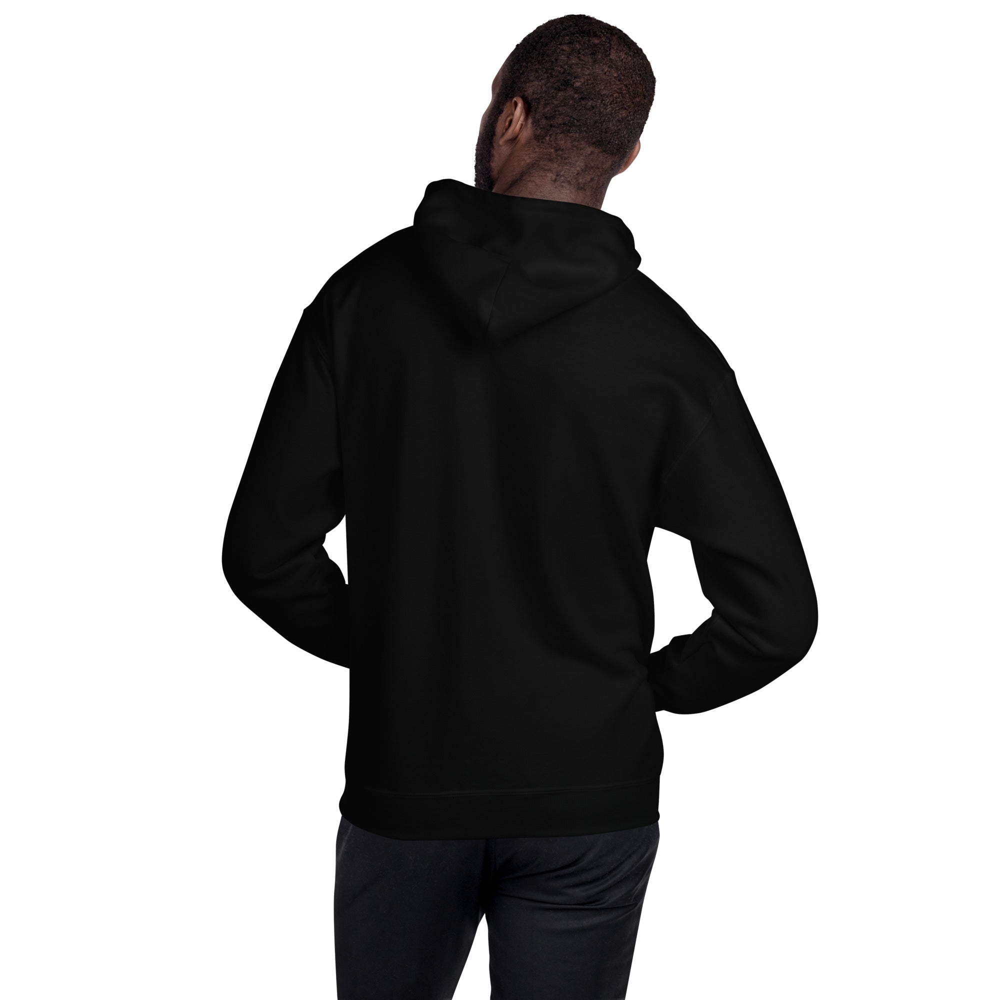 Person wearing a black hoodie with text on the back against a white background