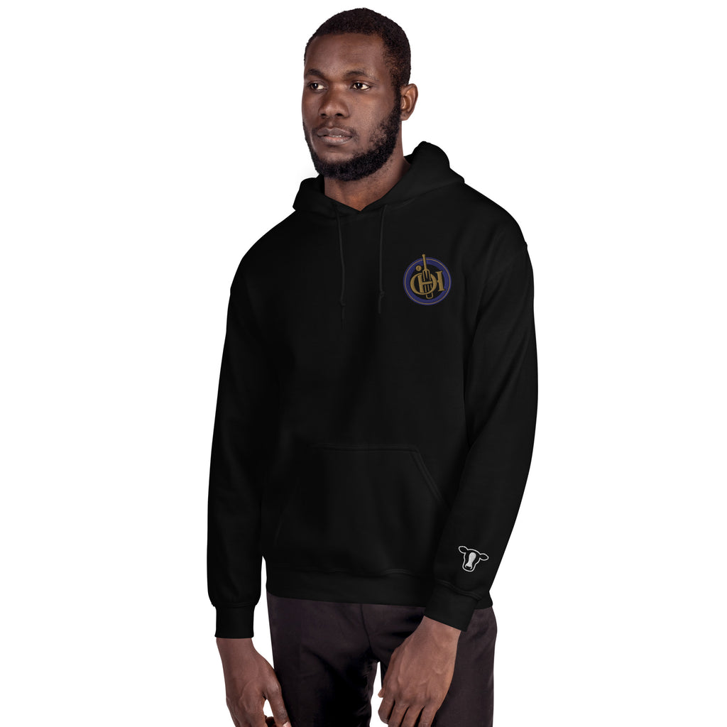 Man wearing a black hoodie with text on a white background