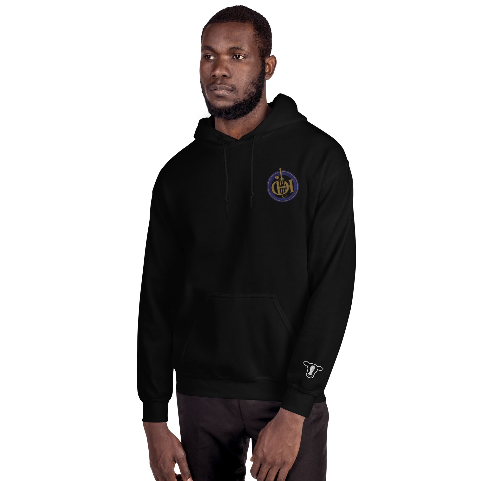 Man wearing a black hoodie with text on a white background