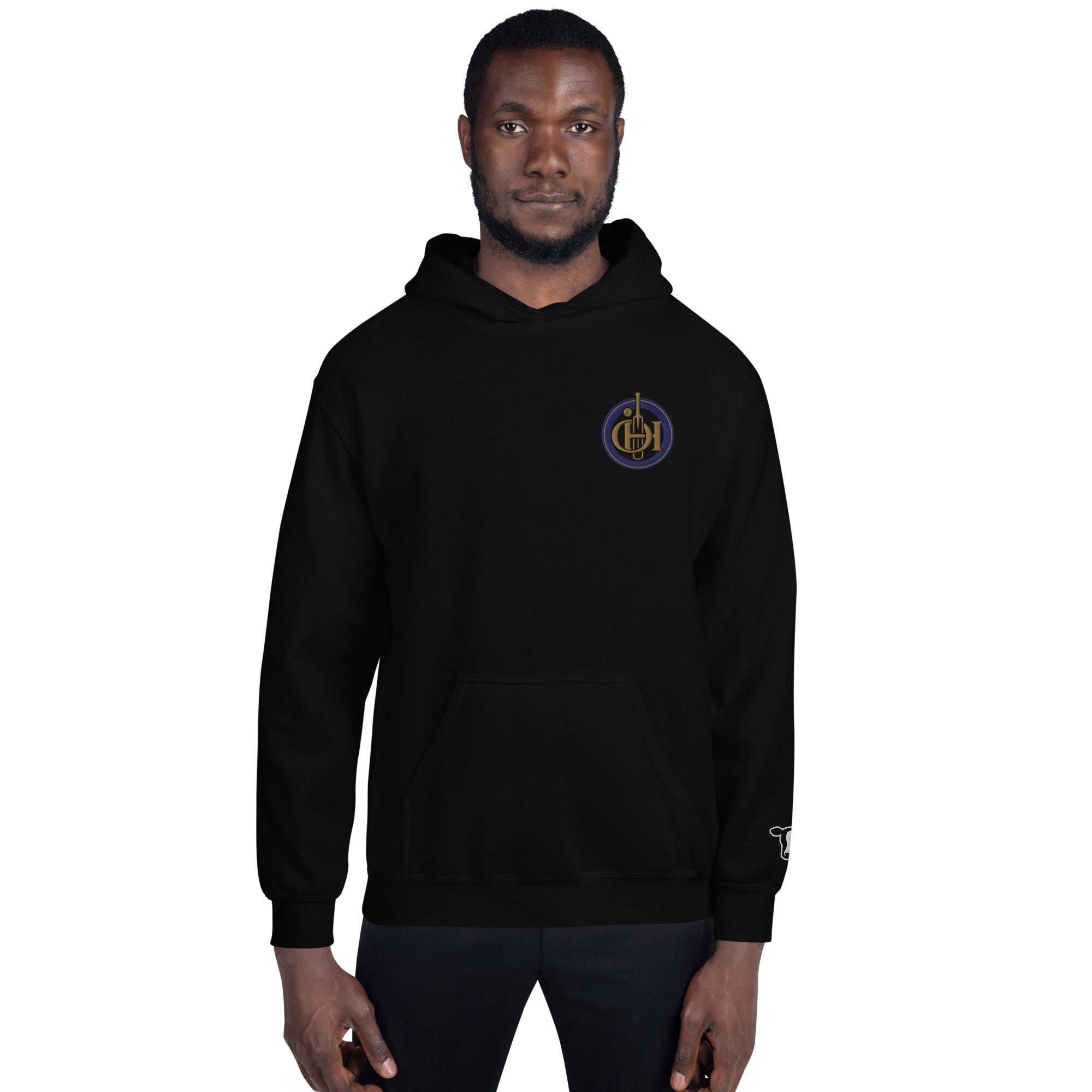 Person wearing a black hoodie with 'BJ' logo on a white background