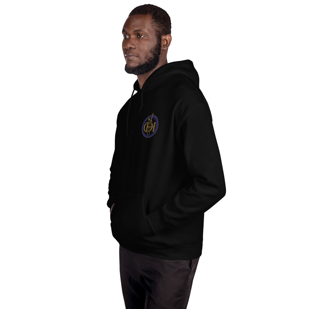Man wearing a black hoodie with a logo on a white background