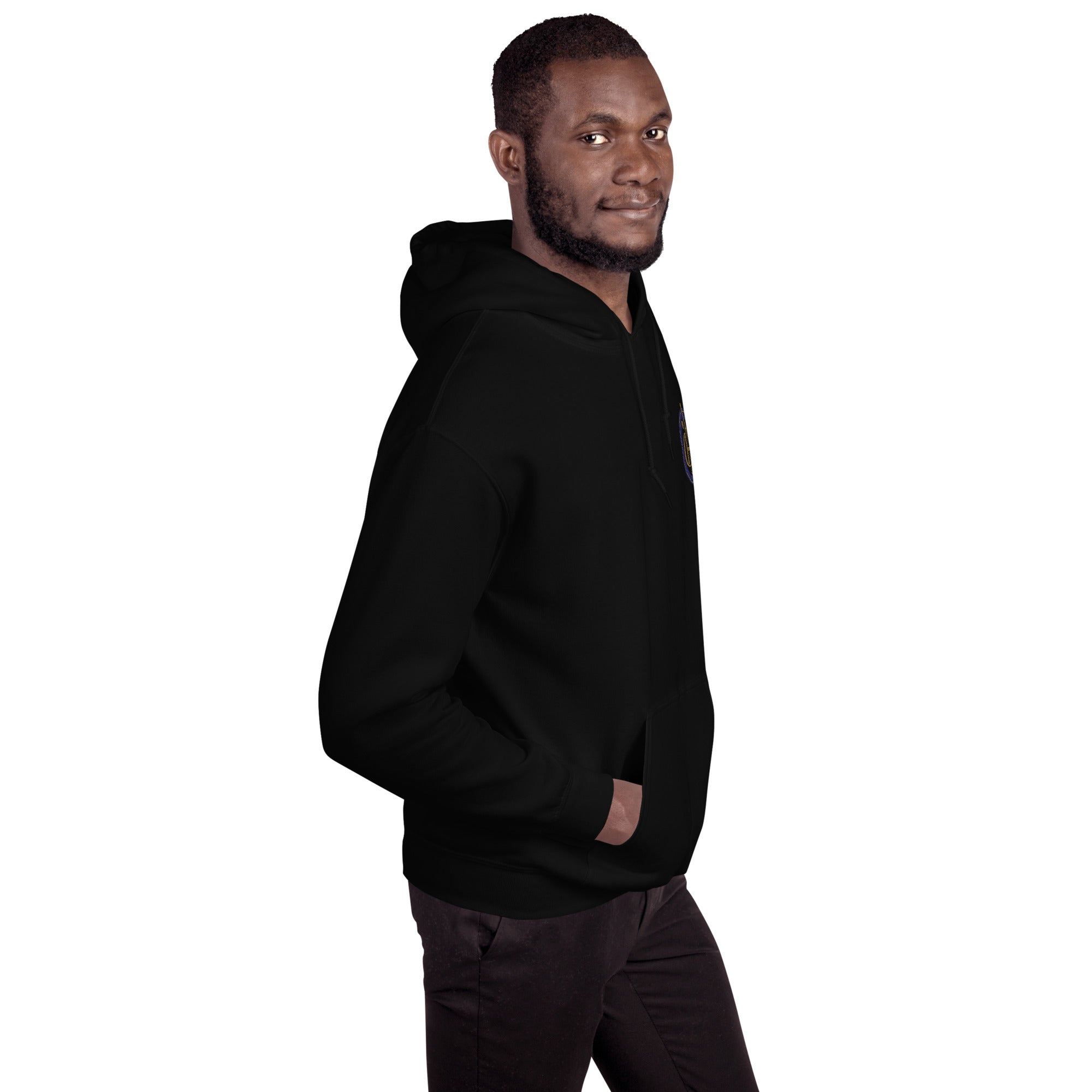 Man wearing a black hoodie on a white background