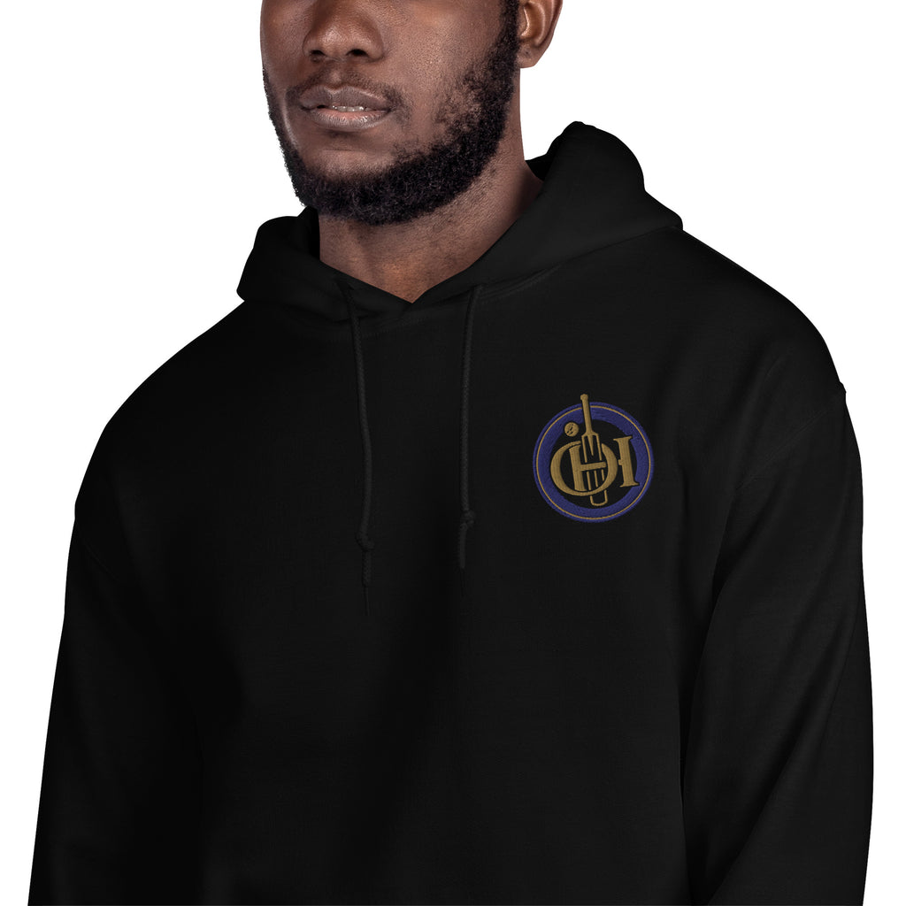 Man wearing a navy hoodie with a white logo on a white background