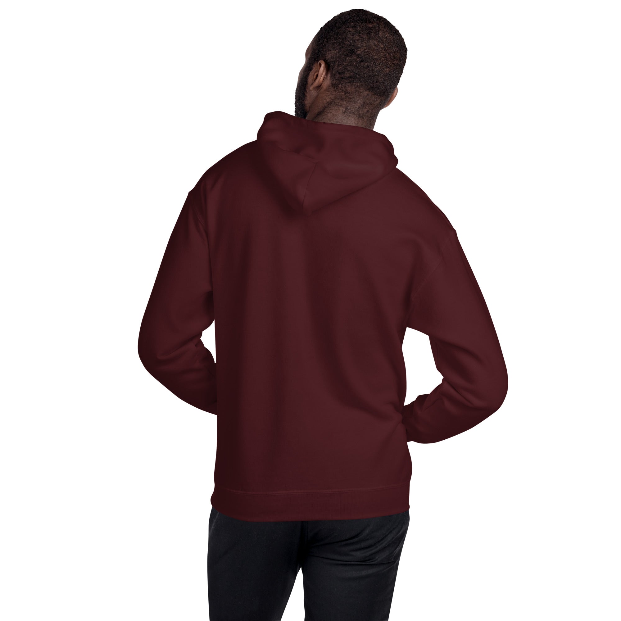 Person wearing a maroon hoodie on a white background