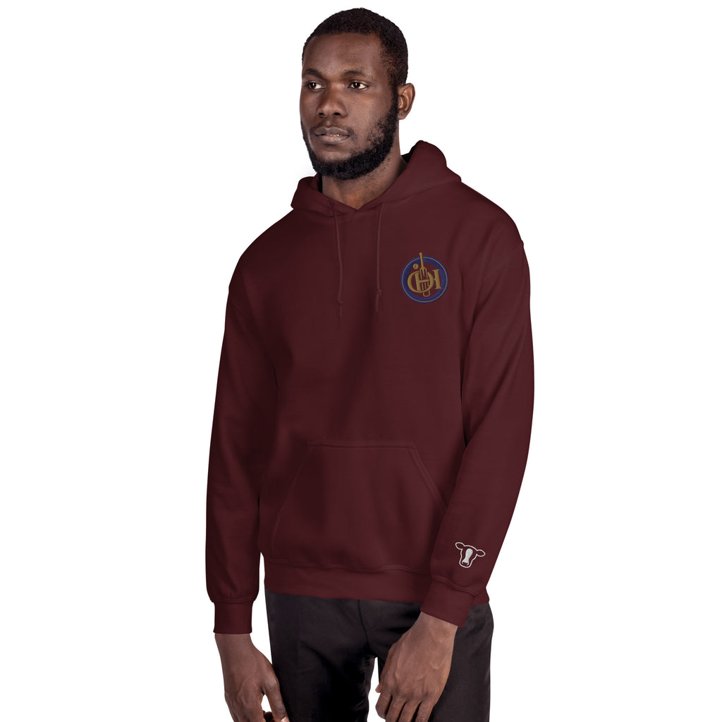 Man wearing a maroon hoodie on a white background