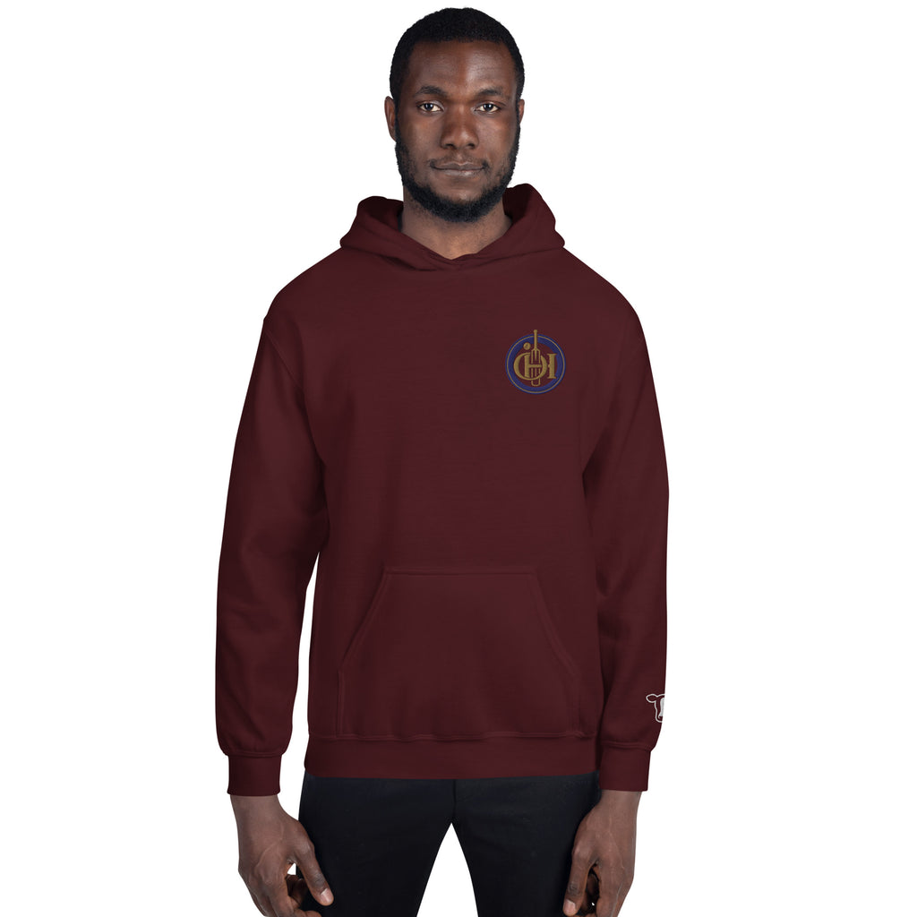 Man wearing a maroon hoodie on a white background