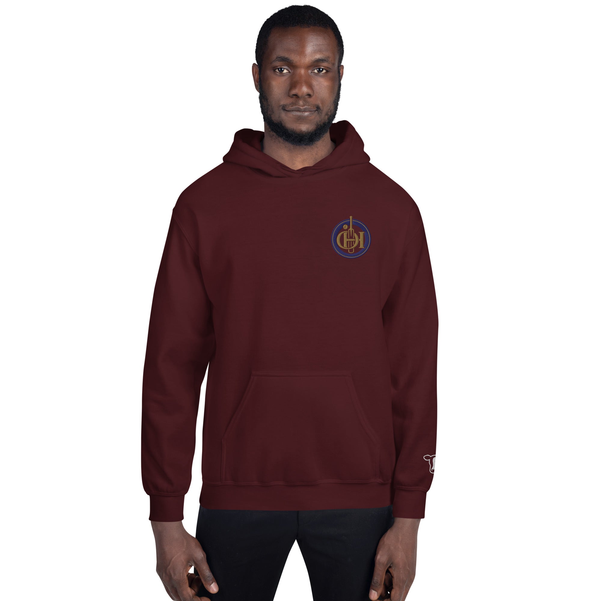 Man wearing a maroon hoodie on a white background