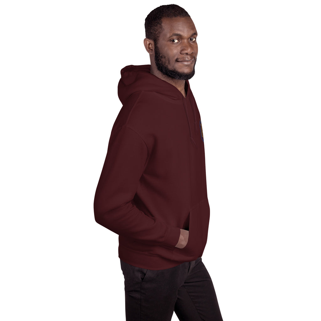 Man wearing a maroon hoodie on a white background
