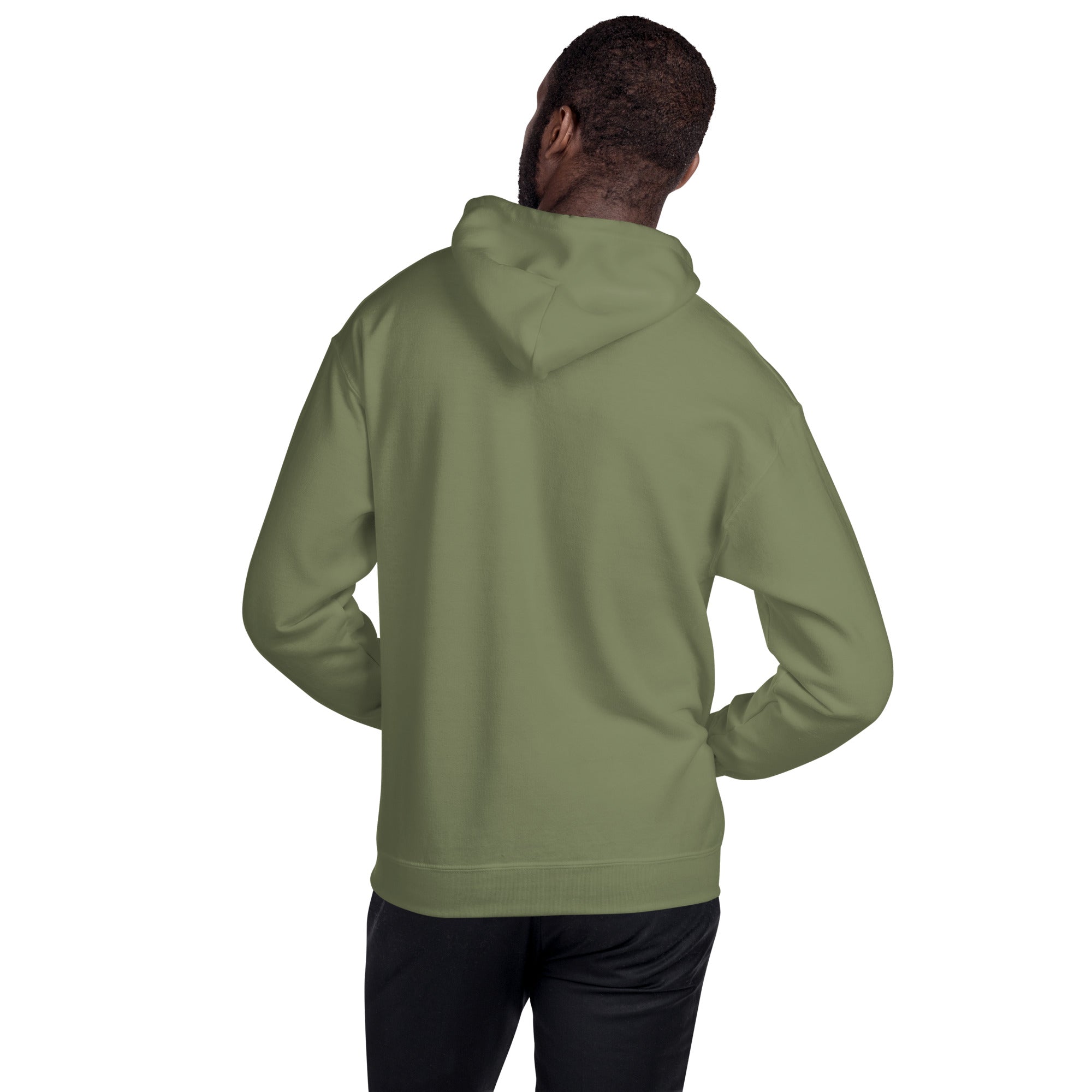 Person wearing a green hoodie from behind on a white background