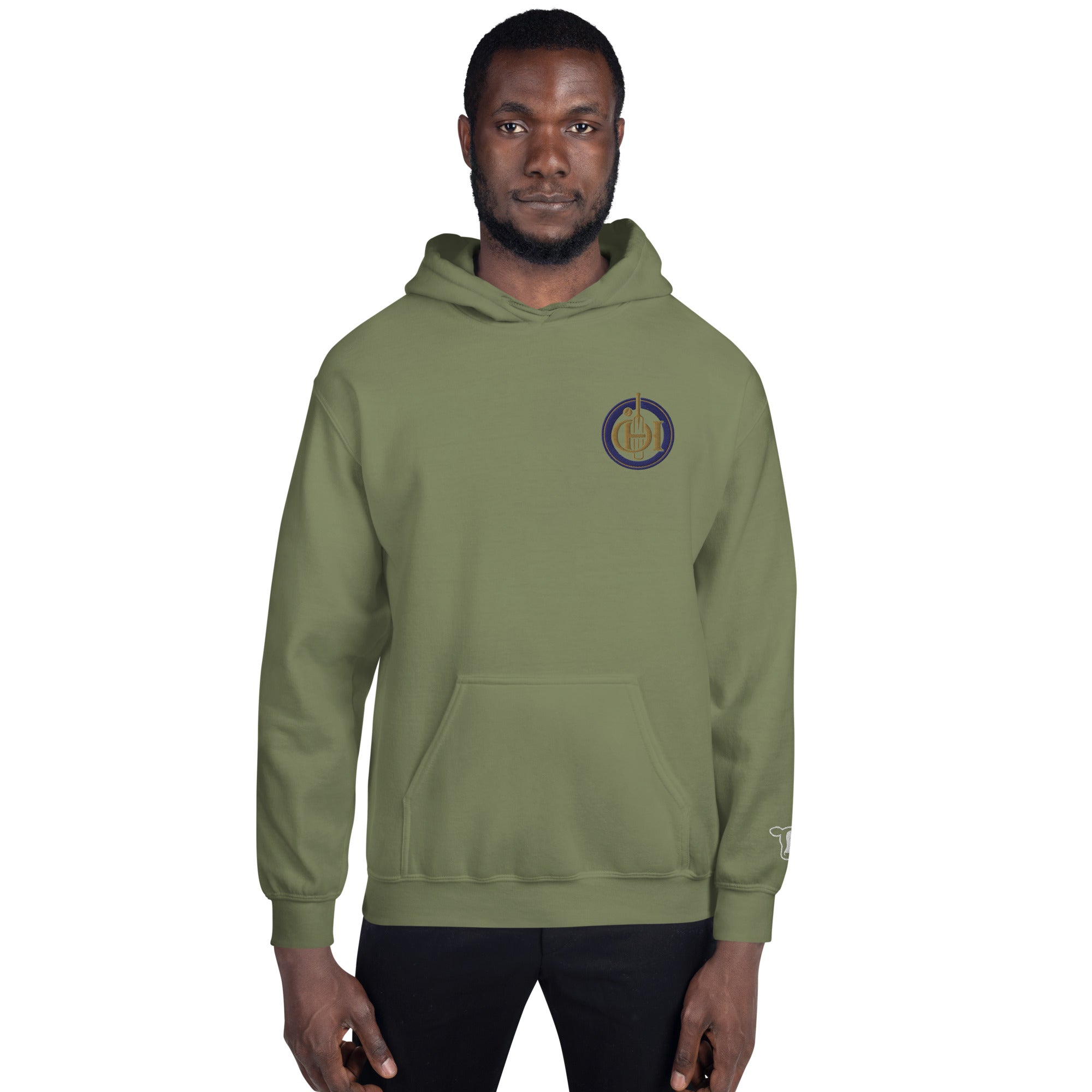 Person wearing a green hoodie with 'Fisher Outdoors' logo on a white background