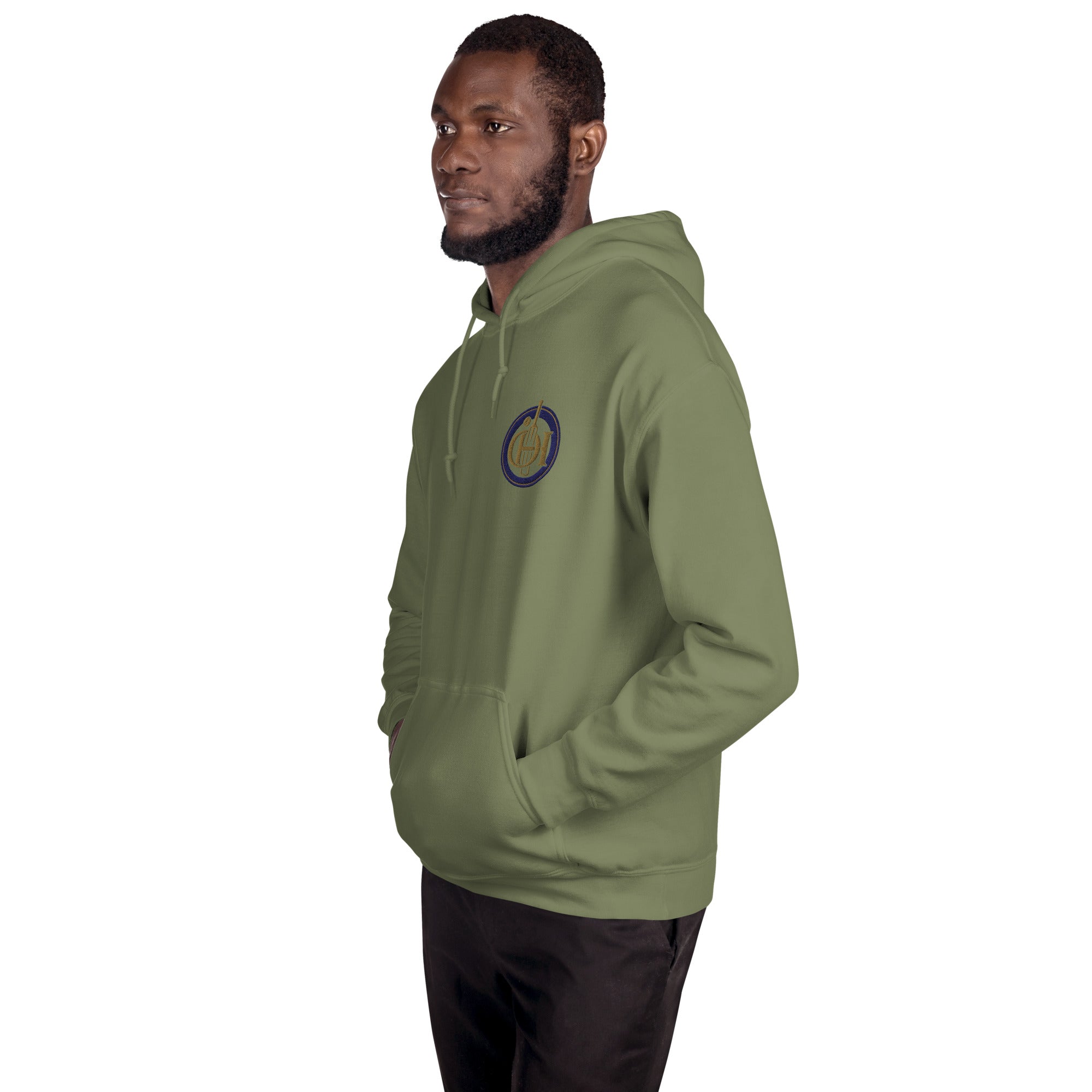 Person wearing a green hoodie with a graphic design on a white background