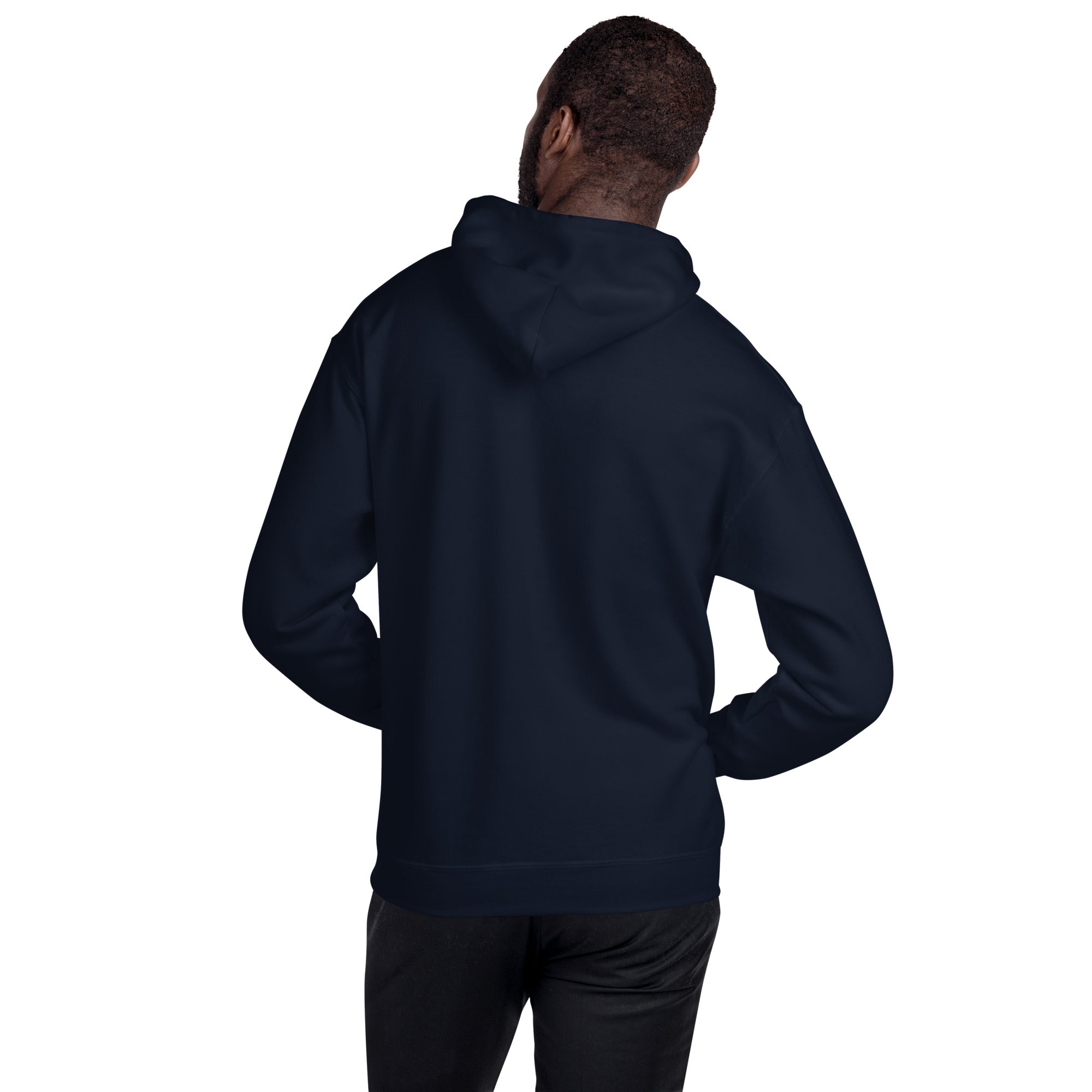 Person wearing a navy blue hoodie on a white background