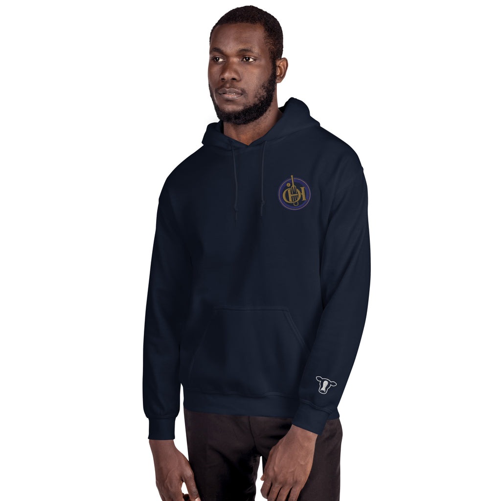 Man wearing a black hoodie with text on a white background