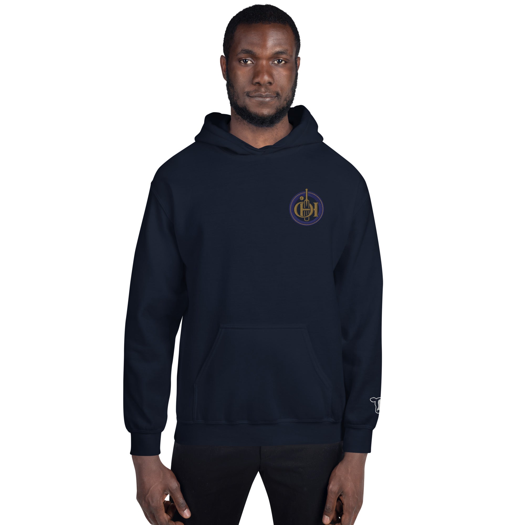 Man wearing a navy hoodie with 'Island Kid' logo on a white background