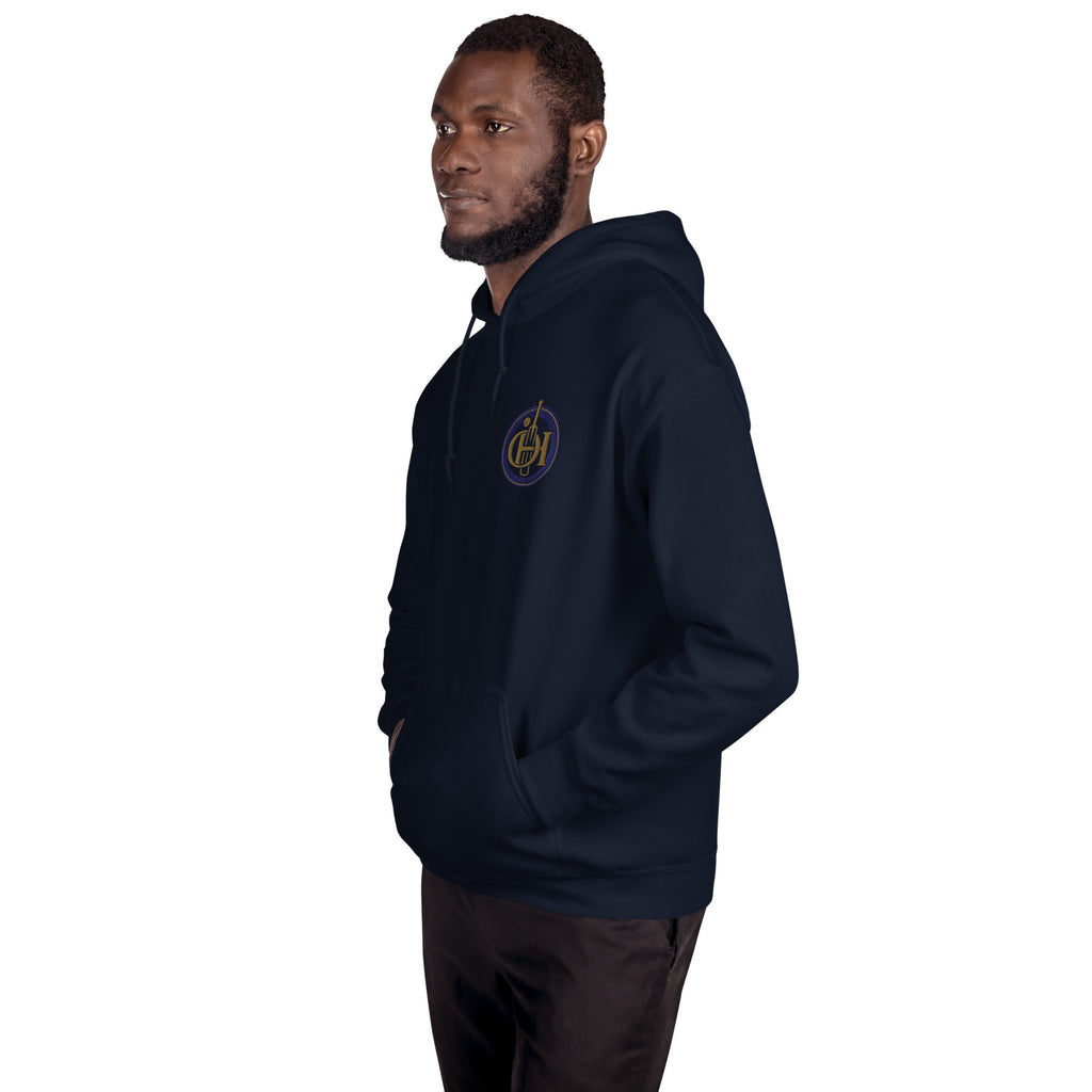 Man wearing a navy hoodie with a logo on a white background
