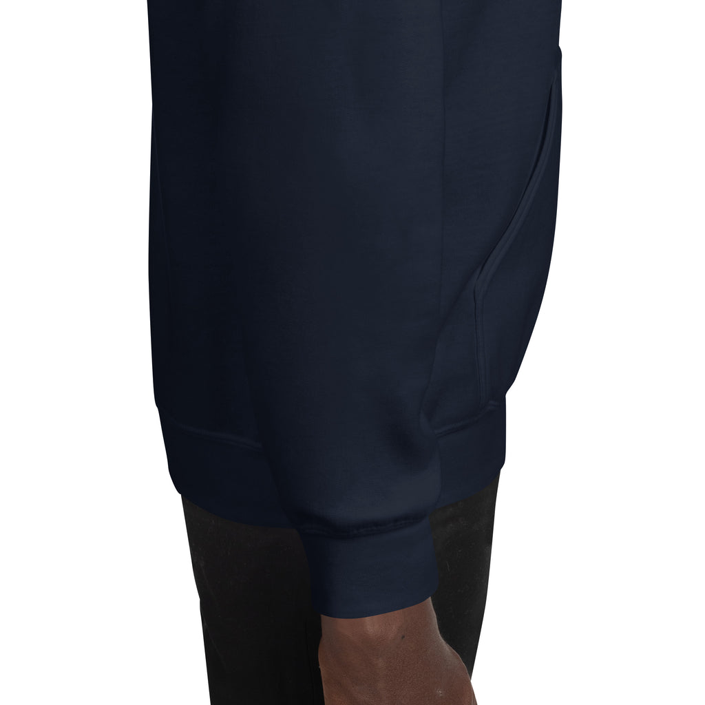 Close-up of dark blue athletic shorts on a white background
