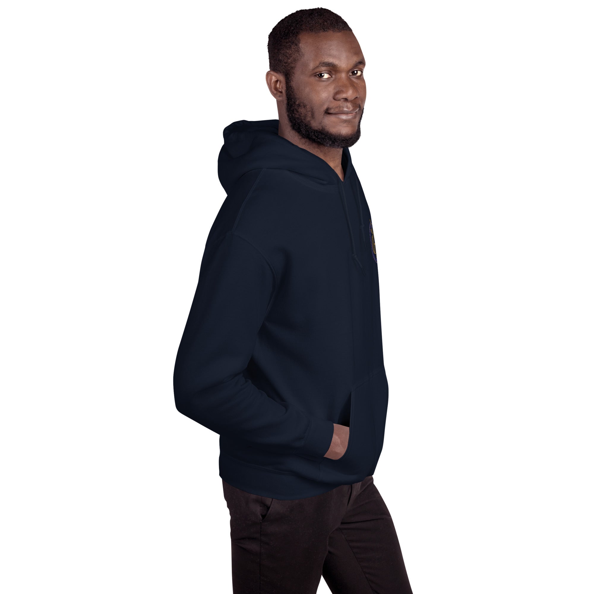 Man wearing a navy hoodie with a logo and text on a white background